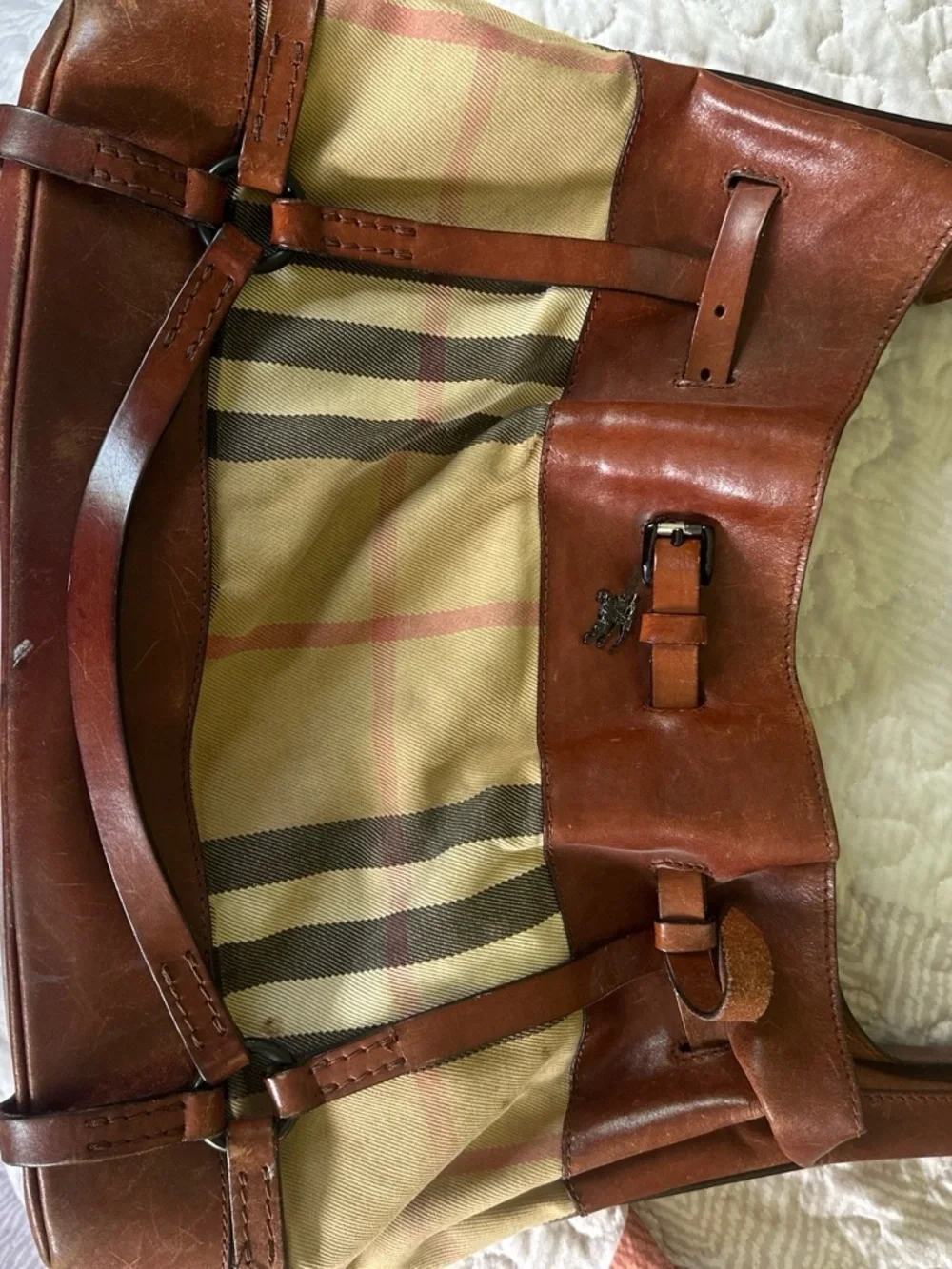 VINTAGE Burberry Brown Leather Shoulder Bag with Beige Check